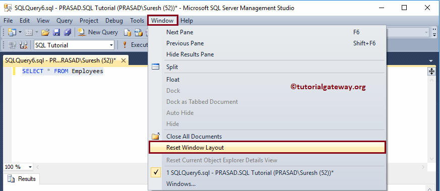 Reset management studio Query Window Layout
