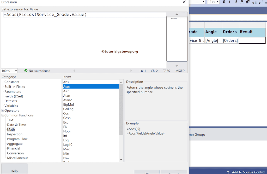 Acos Function expression to find the arc cosine value