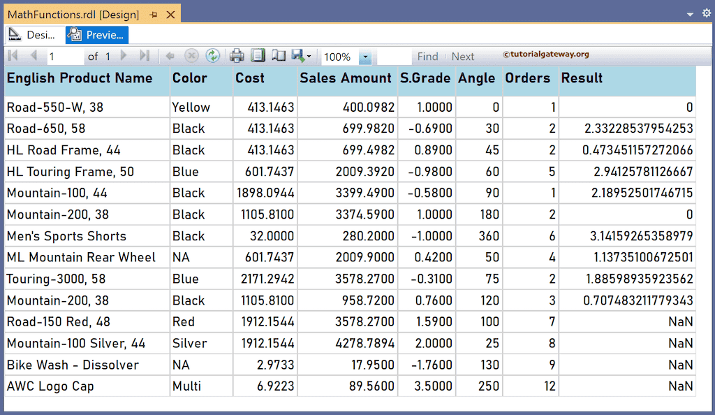 SSRS Acos Function to find the arc cosine value report preview