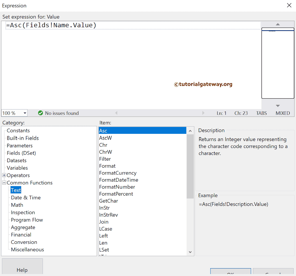 SSRS Asc Function expression to find the ASCII code of a character
