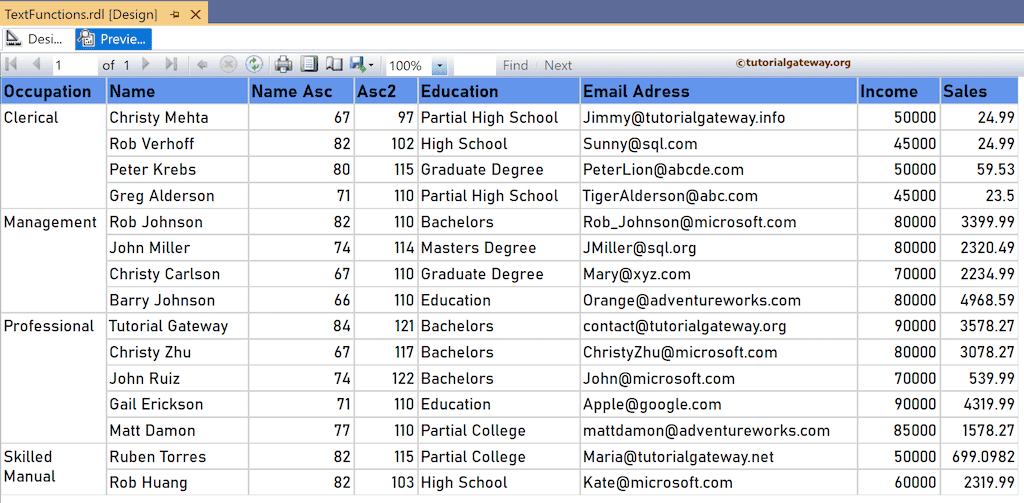 SSRS Asc Function to find the ASCII character code report preview