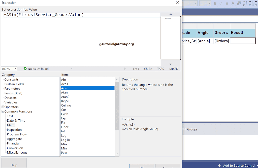 Asin Function expression to find the arc sine value