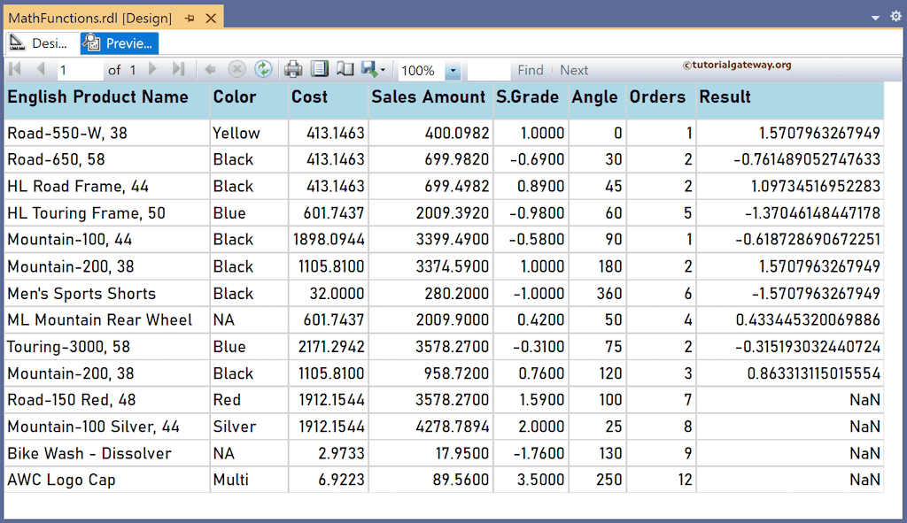SSRS Asin Function to find the arc sine angle report preview