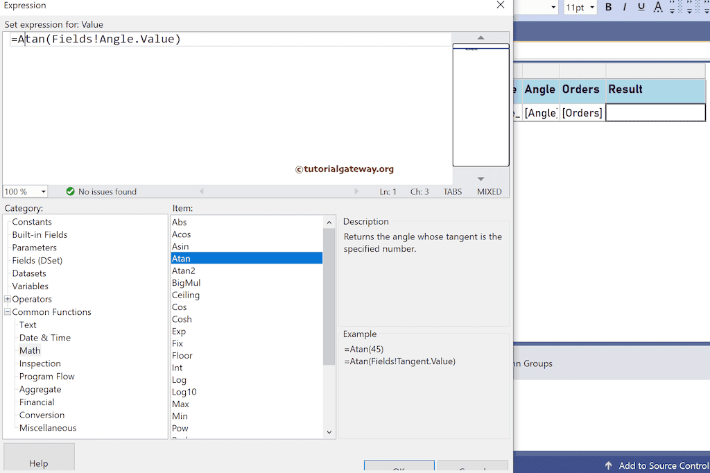 Atan Function expression to find the arc tangent value