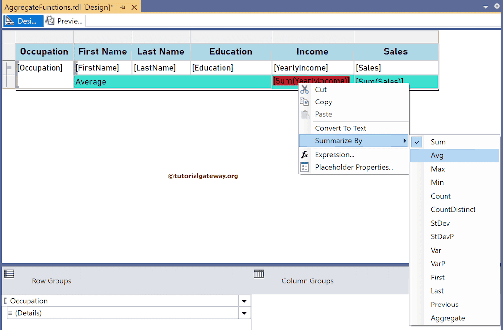 Change the Summarized by option to SSRS Avg Function