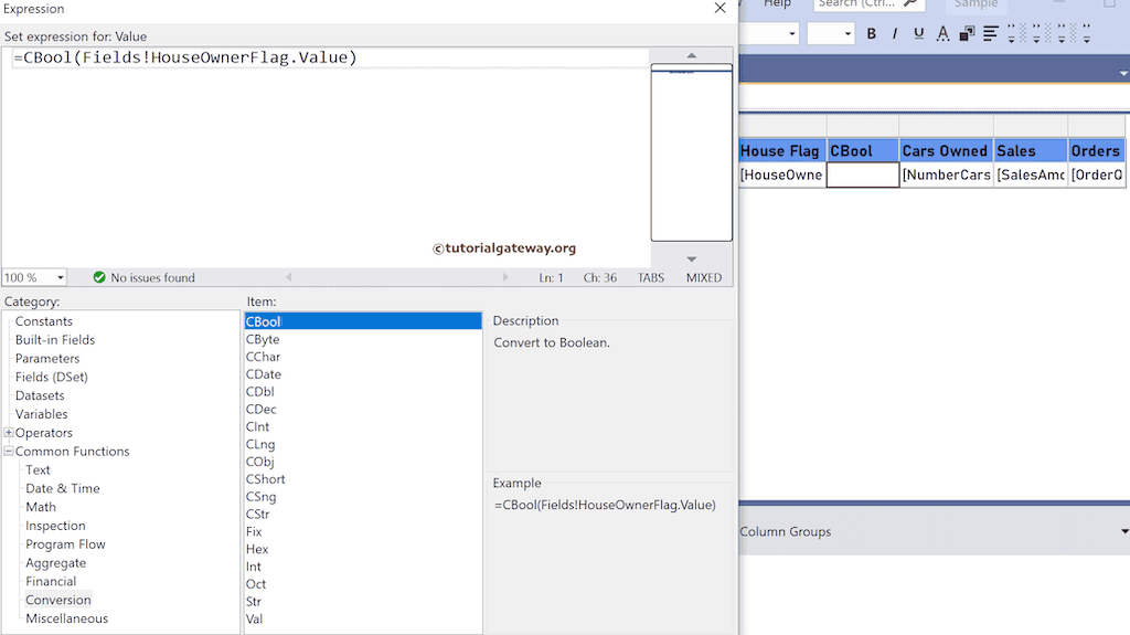 SSRS CBool Function expression to convert to boolean value