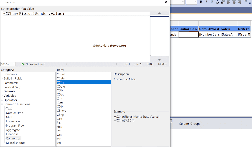 SSRS CChar Function expression to convert the string to char