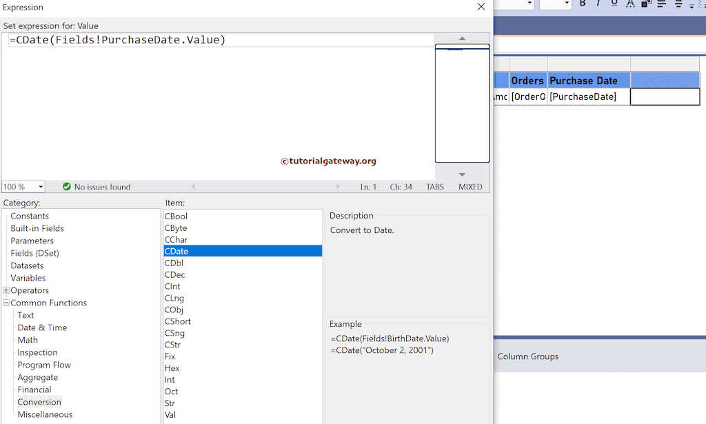 SSRS CDate Function expression to convert string to Date