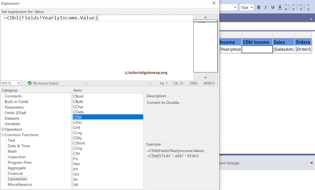 SSRS CDbl Function expression to convert the values to double