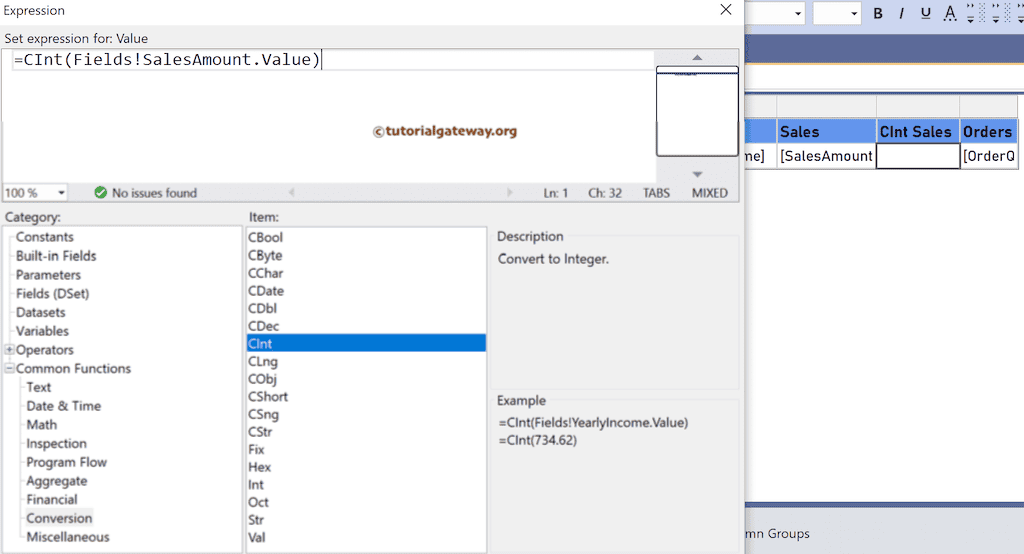 SSRS CInt Function expression to convert the column to Integer