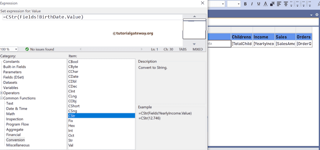 SSRS CStr Function expression to convert the  column to String