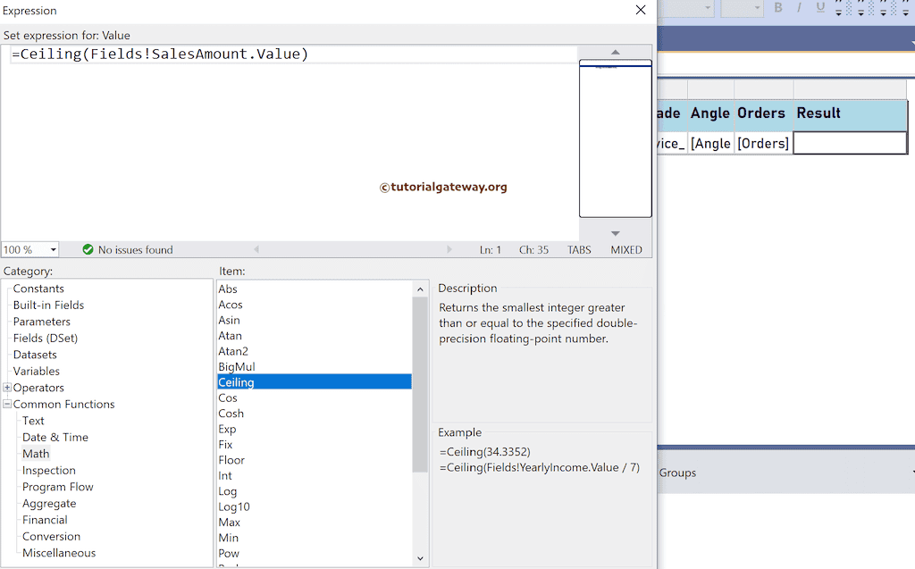 Ceiling Function expression to return nearest small integer