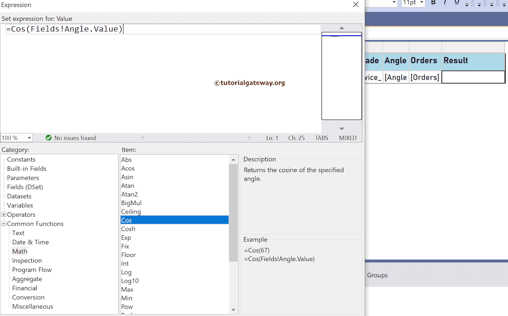 SSRS Cos Function expression to find the cosine value