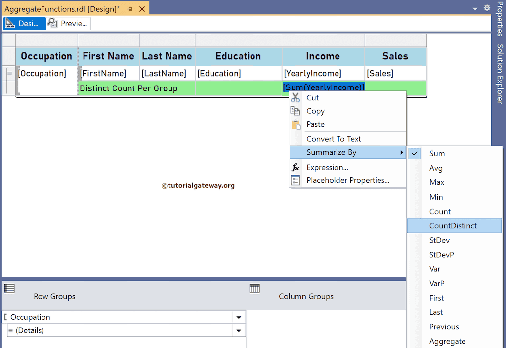 Change the Summarized by option for distinct count