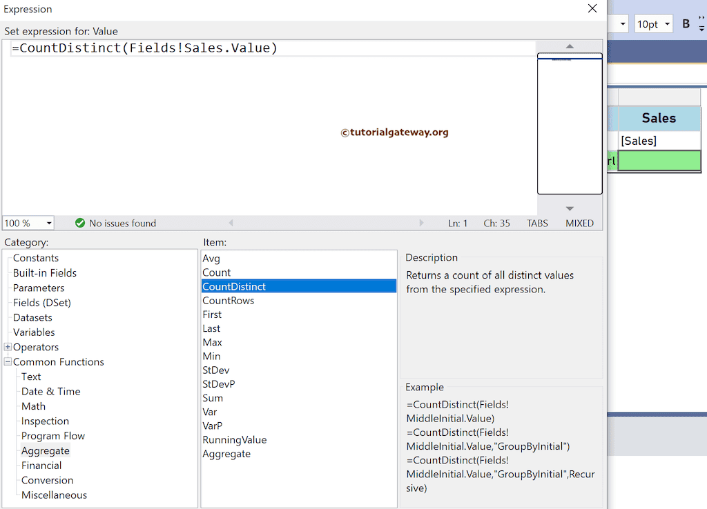 SSRS CountDistinct Function to count distinct sales