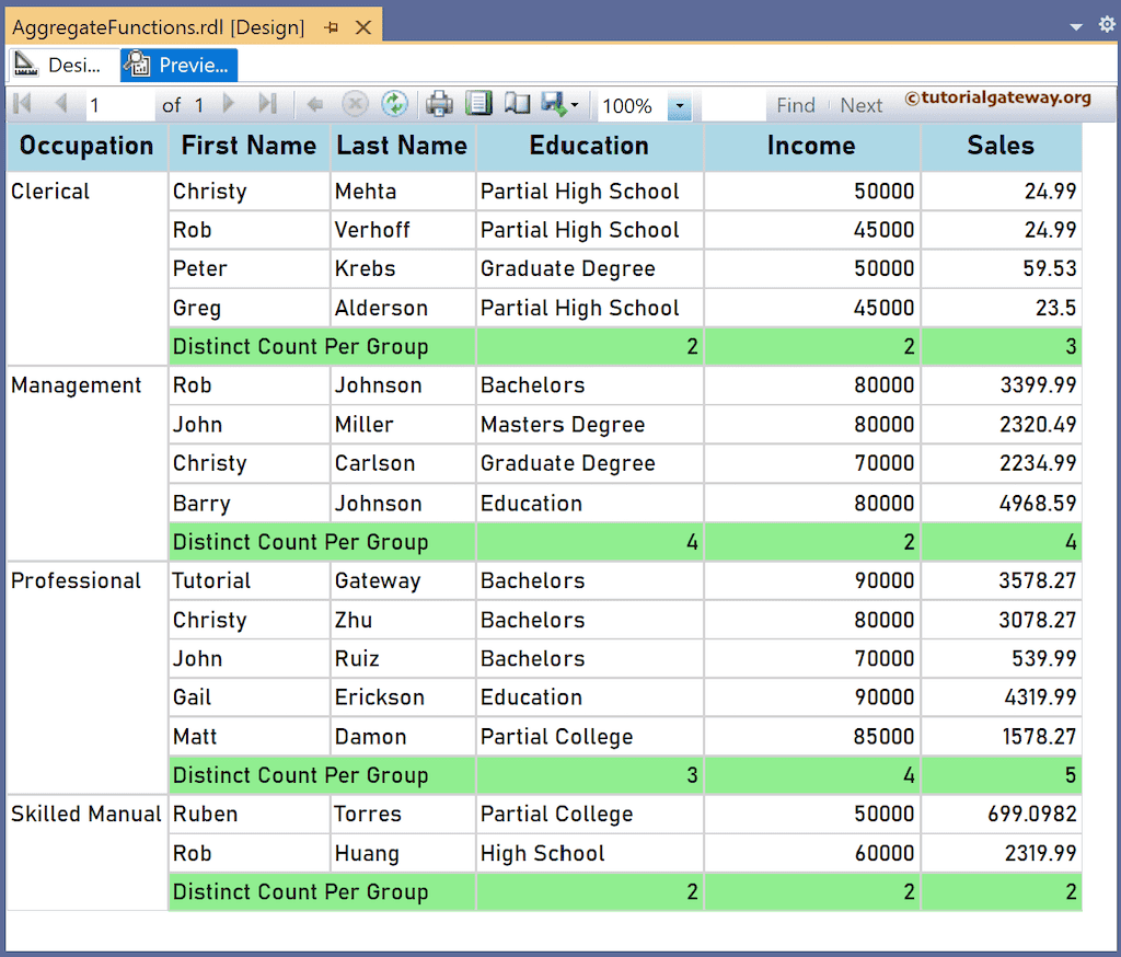 SSRS CountDistinct Function for distinct count preview