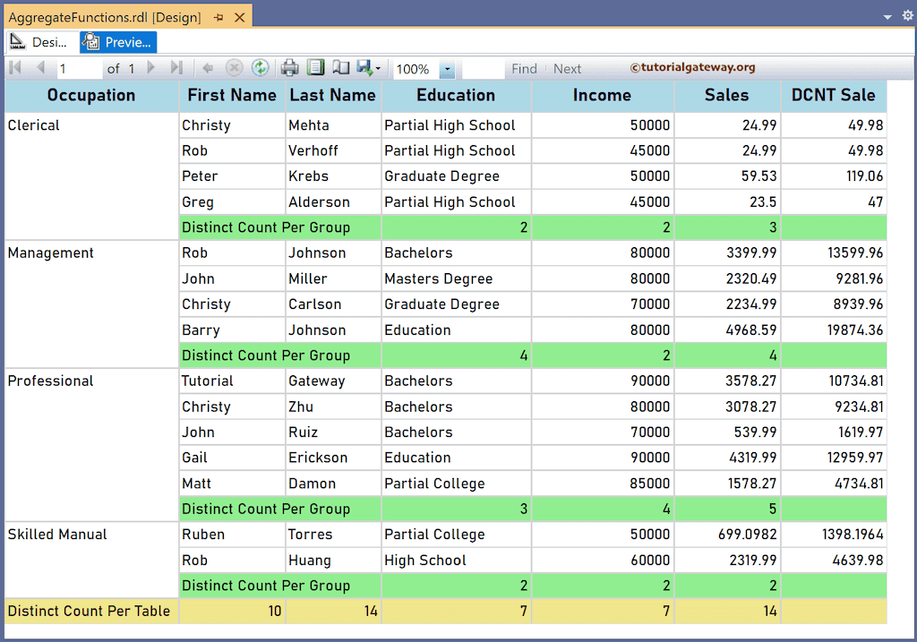 SSRS CountDistinct Function for distinct count Preview