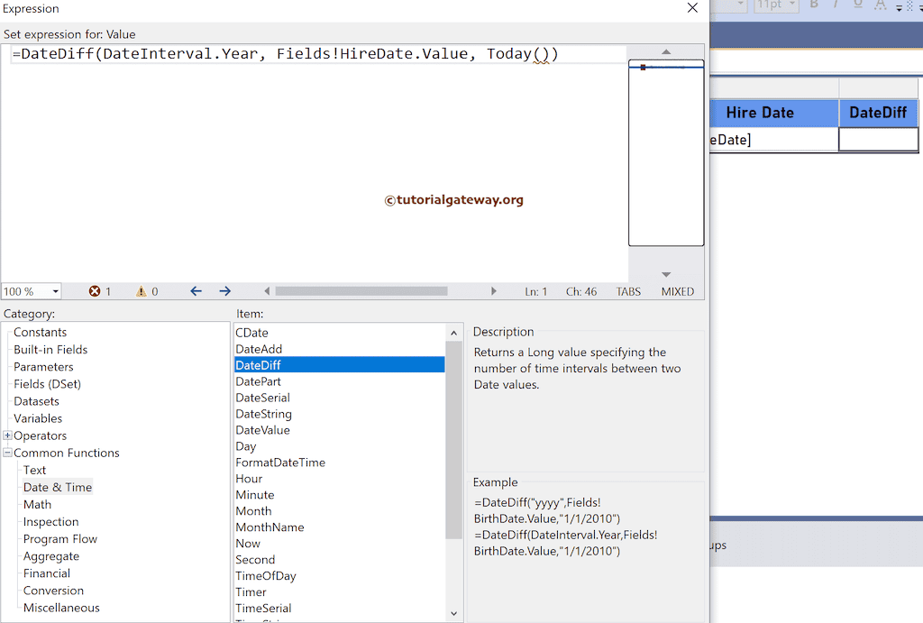 DateDiff Function expression to find the date and time difference in years