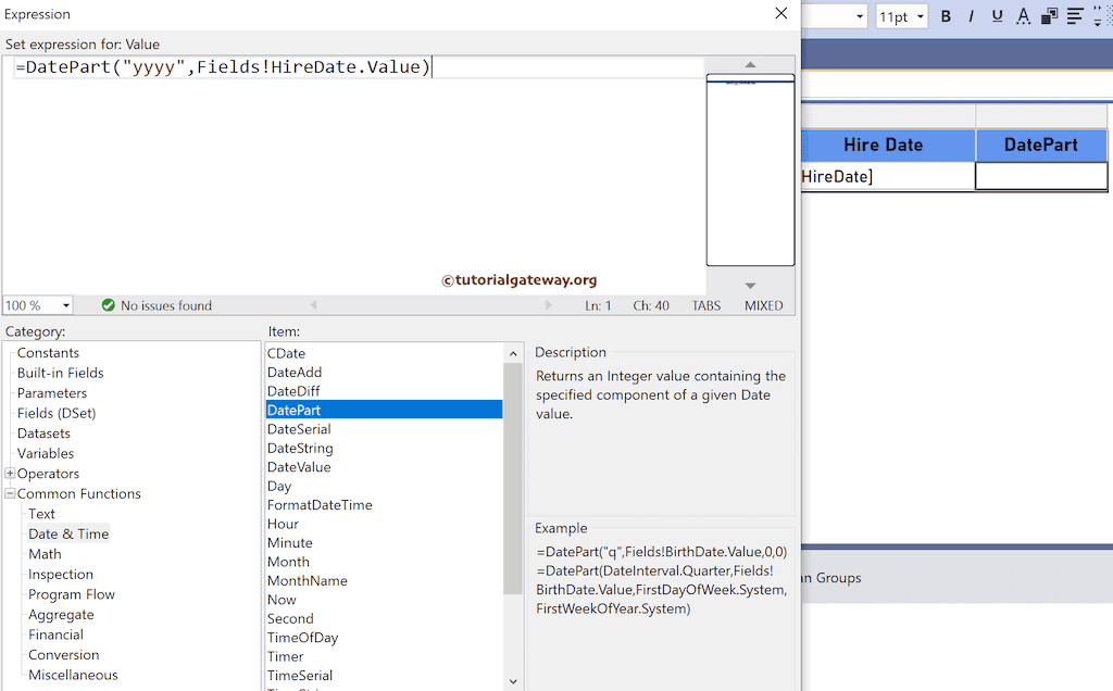 DatePart Function to return year or date or time part from datetime