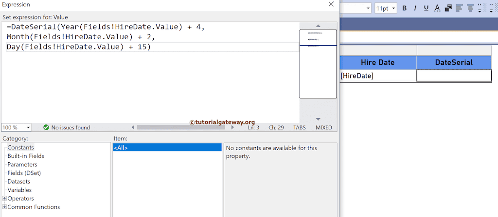 DateSerial Function expression to construct Date from year, Month, and Day values