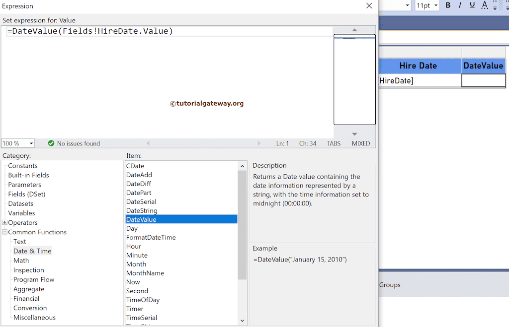DateValue Function expression to return the Date value from DateTime and Set time information as 00:00:00