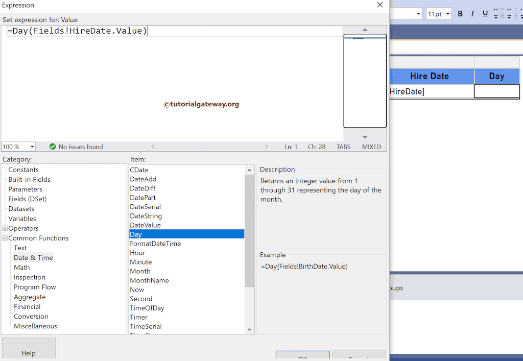 Function return Day of the month from date & time field