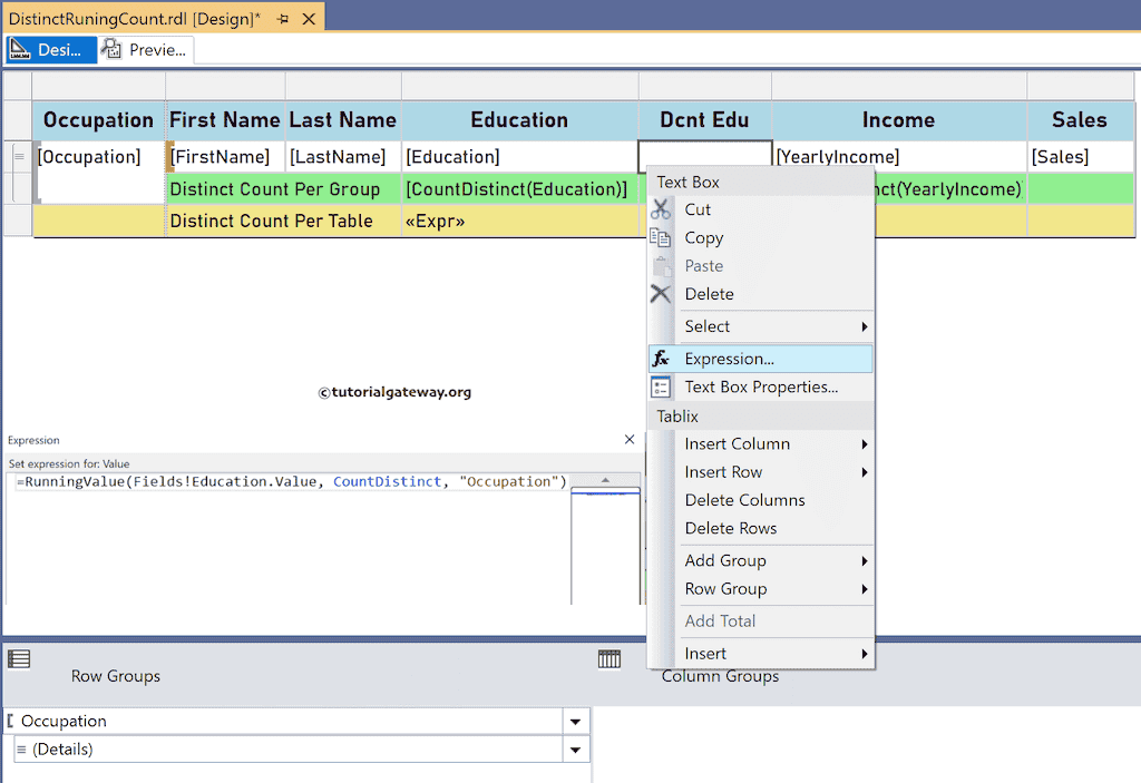 Choose the Expression option for RunningValue to calculates the distinct running count