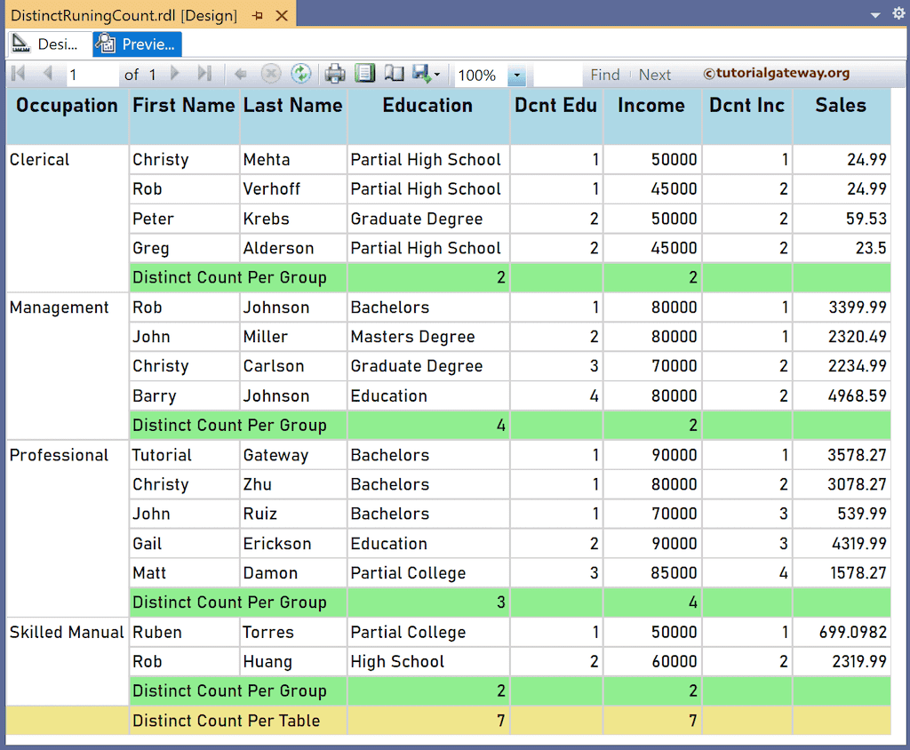 SSRS Distinct Running Count preview