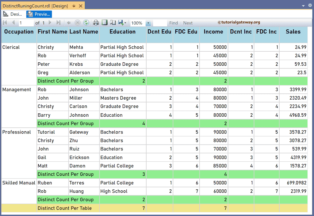Calculate SSRS Distinct Running Count for group and table preview
