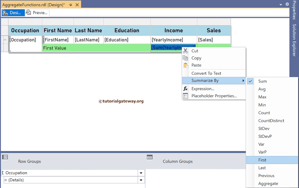 Change the Summarized by option to SSRS First Function