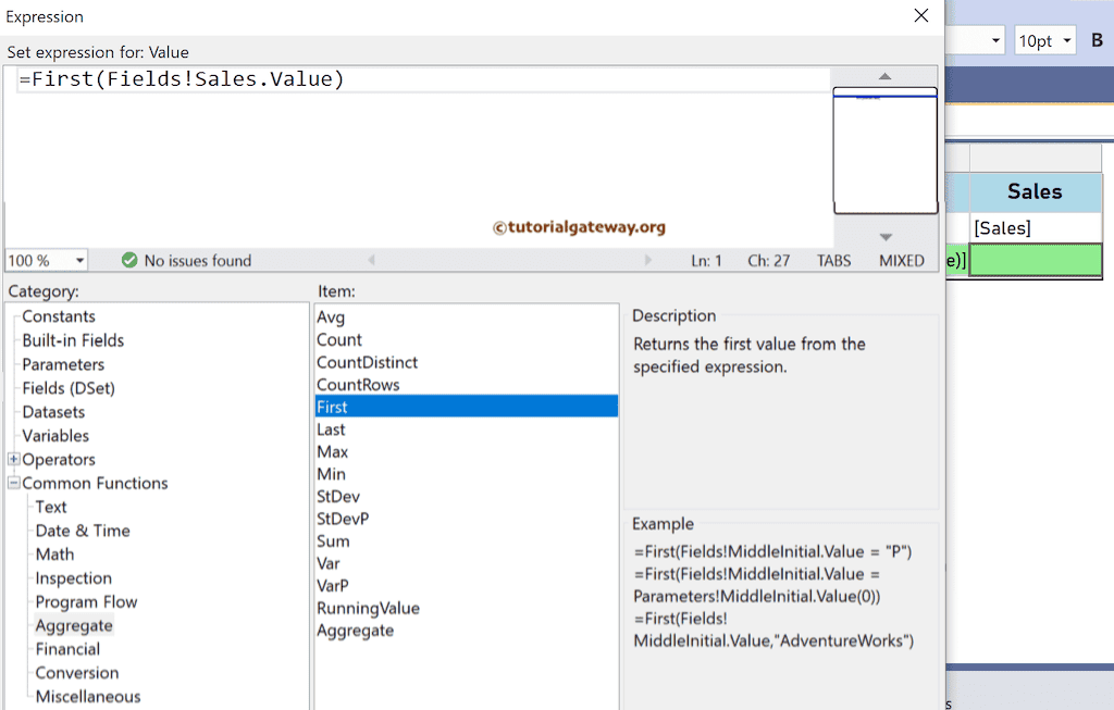 Expression to find the First sales value in a group