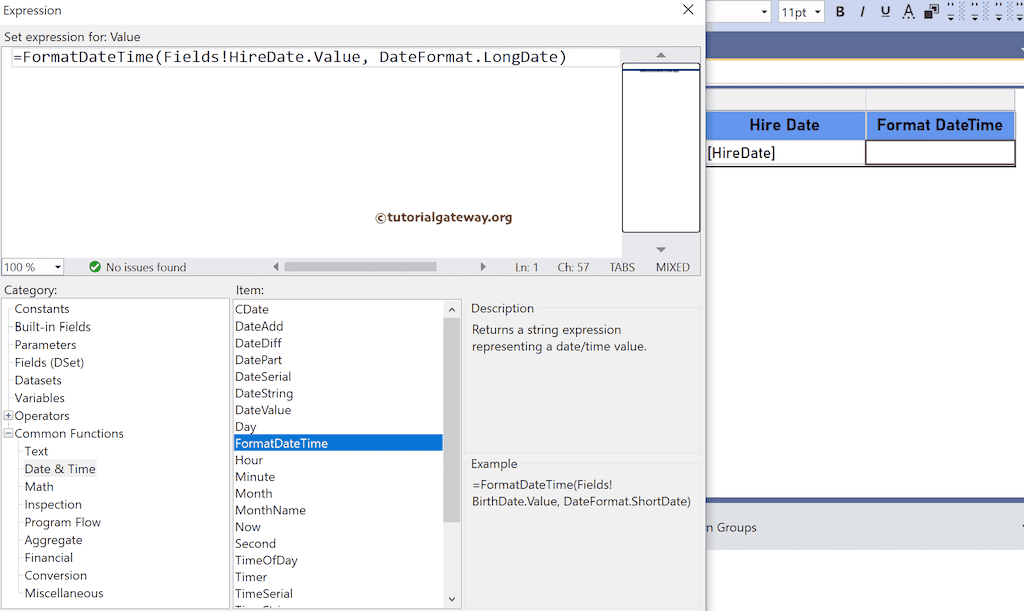 FormatDateTime Function expression to format date and time