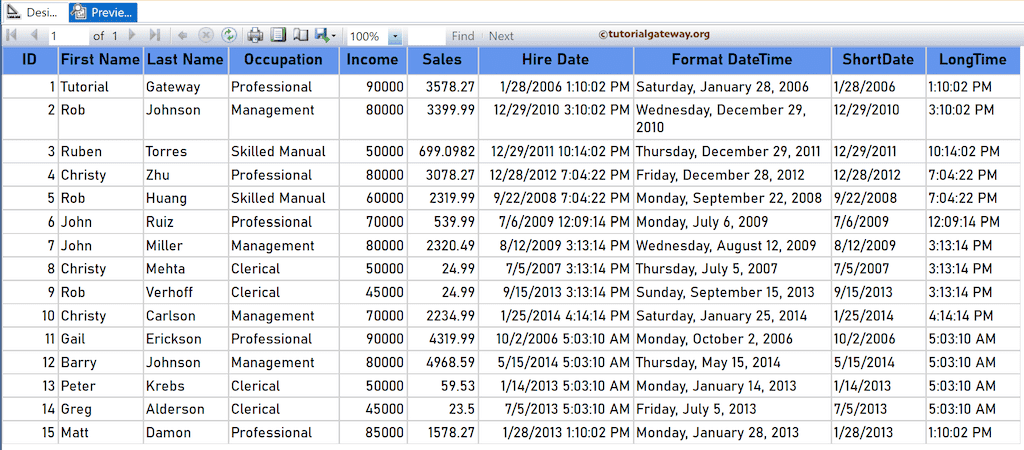 SSRS FormatDateTime Function to format date and time to long and short preview