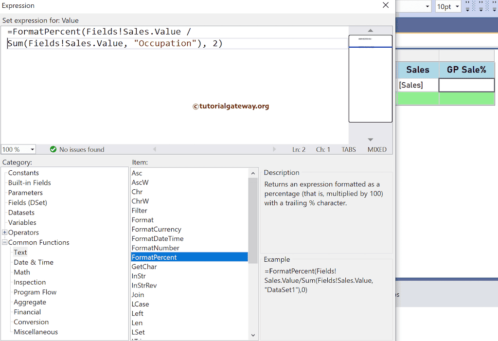 FormatPercent Function expression to format percentage