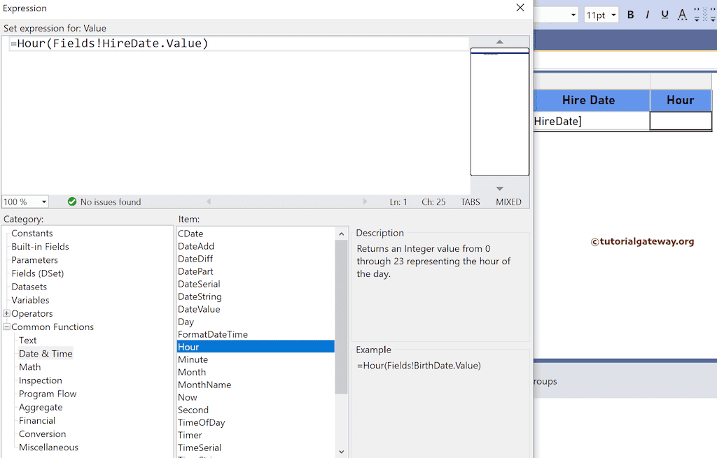 Function to return hour of the day from the date and time field