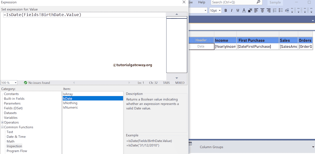 IsDate Function expression to check the field is date or not