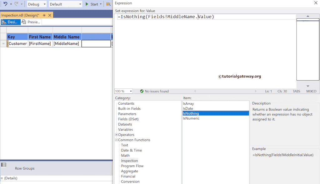 IsNothing Function expression to check the column value is empty or not