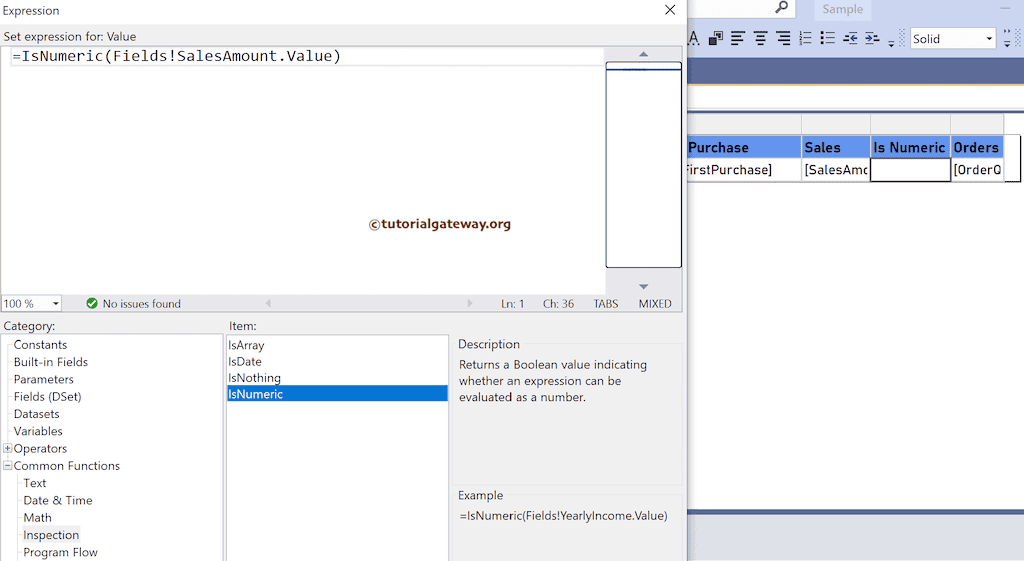 IsNumeric Function expression to check row value is number or not
