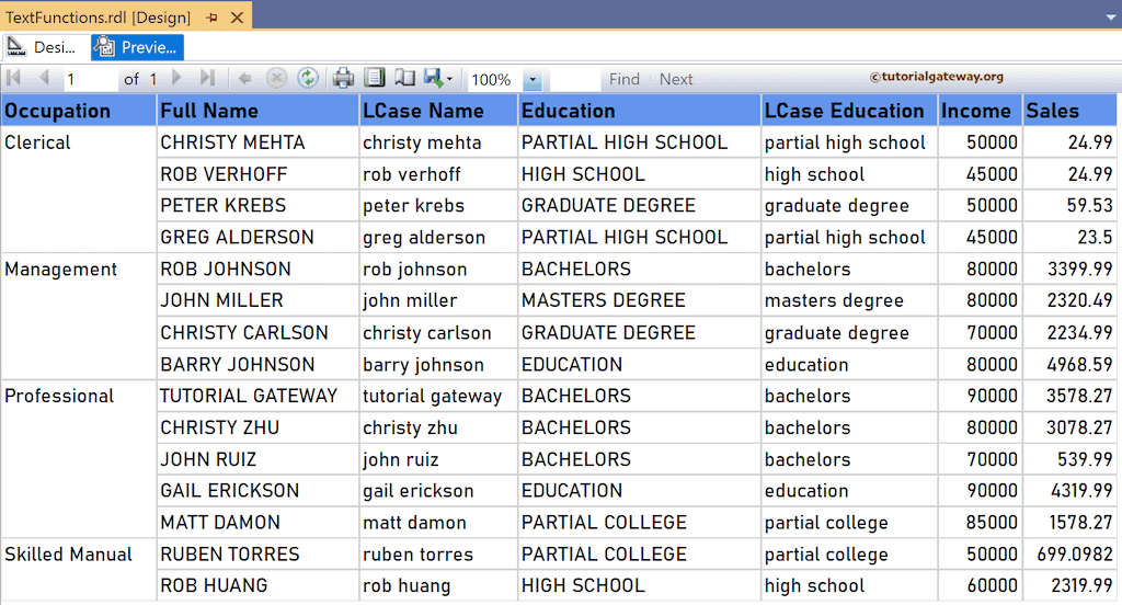 SSRS LCase Function to convert the uppercase characters to lowercase string preview