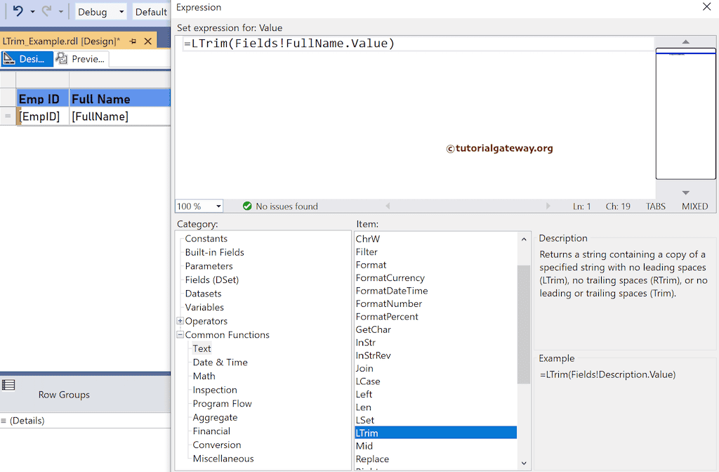 LTrim Function expression to remove leading empty spaces