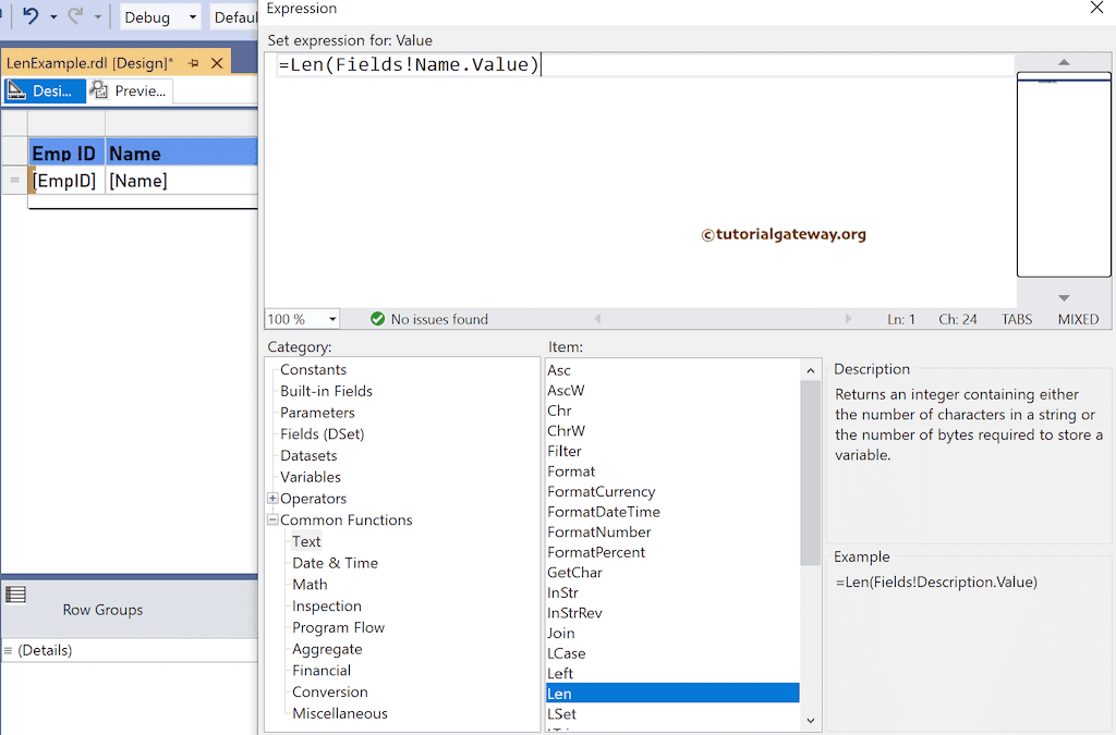 Len Function expression to find the total number of characters in a string