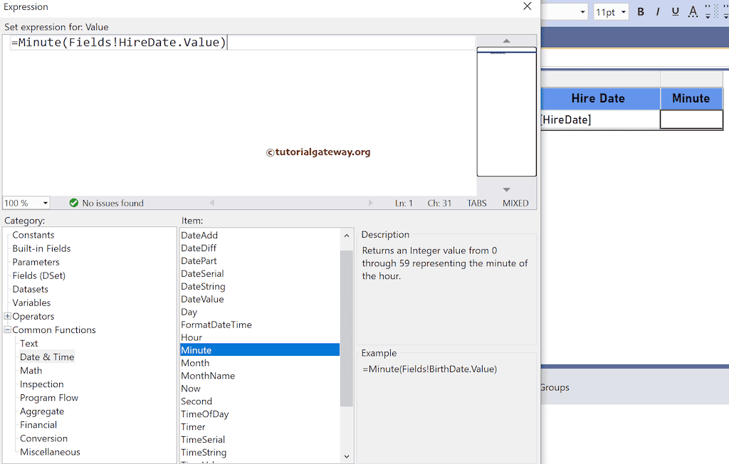 Function return Minute of the hour from date and time field