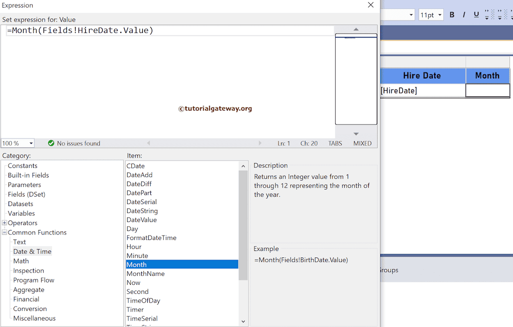 Function return Month number from Date and Time Field