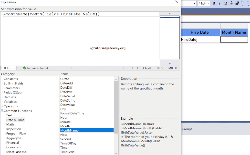 MonthName Function expression to return name of the month