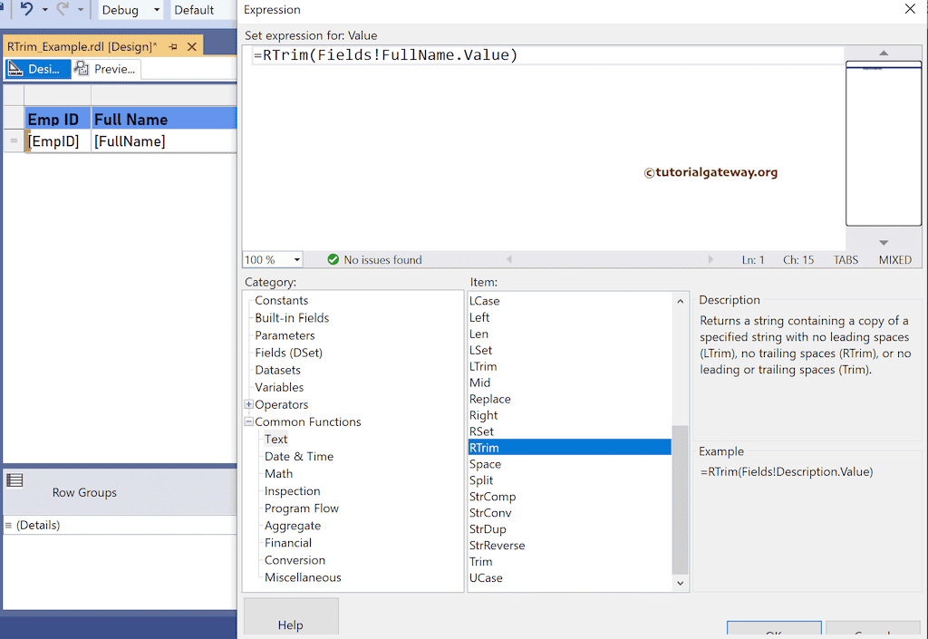 RTrim Function expression to remove right side empty spaces