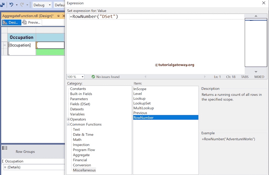 SSRS RowNumber Function expression to show row numbers for entire table