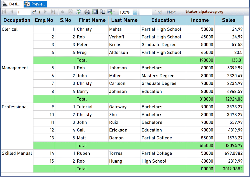 report to show row numbers for entire table