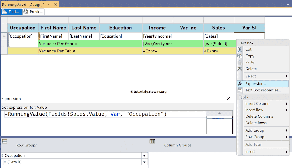 SSRS RunningValue and Var expression to calculate the Running Variance