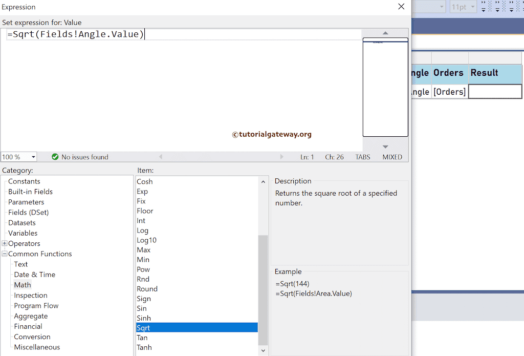 Sqrt Function expression to find the square root