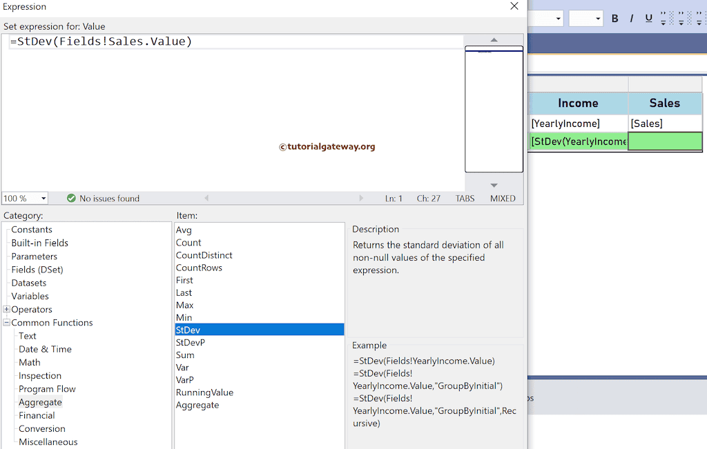 SSRS StDev Function Expression to find the Standard Deviation